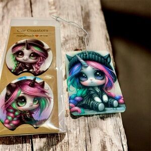 Cute Unicorn Car Coasters and Air Freshener Set